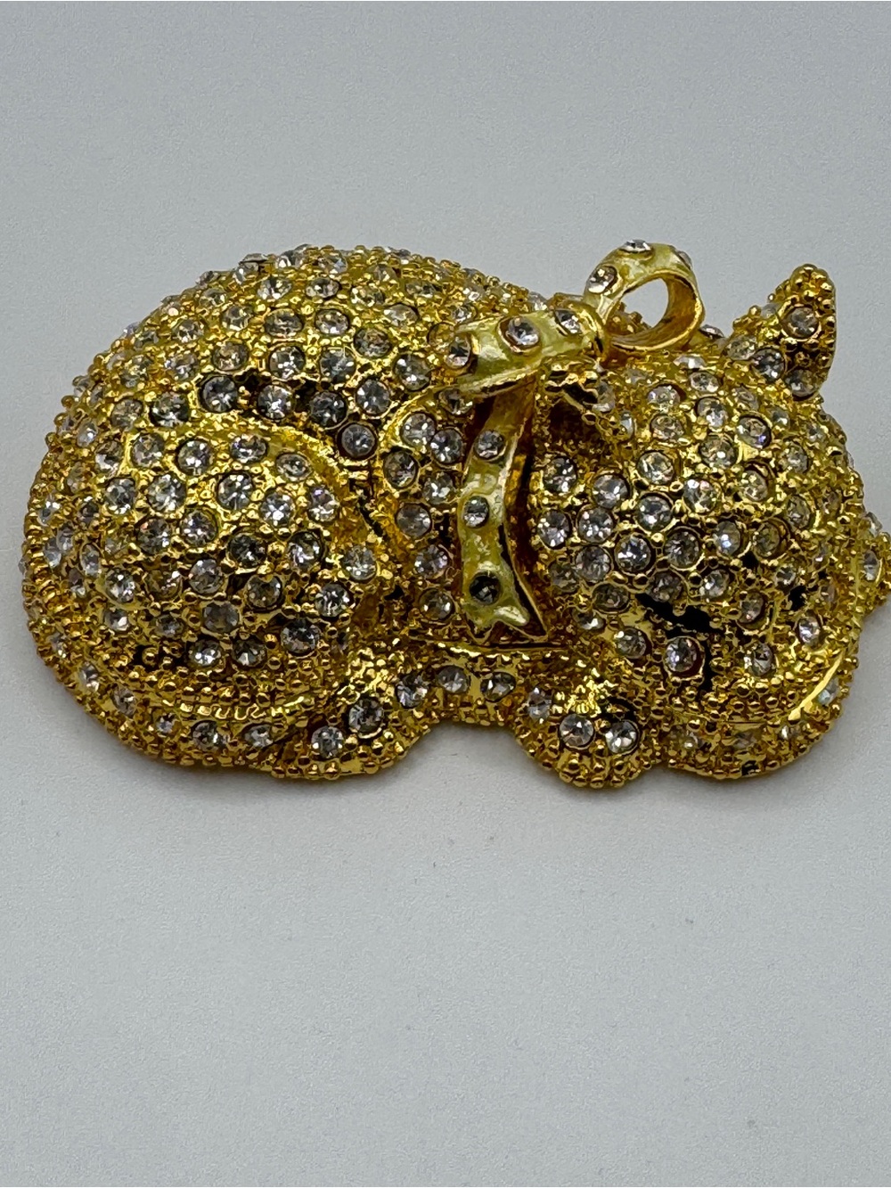 Gold Rhinestone Sleeping Cat Trinket Box Jewel Enamelled Vanity Decor